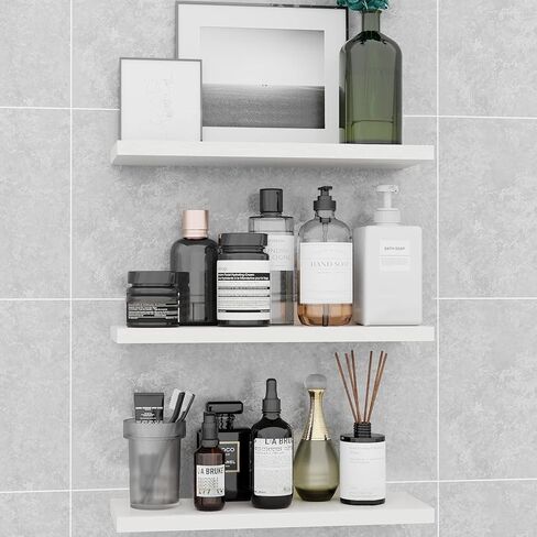 White Floating Shelves Wall Mounted Set of 3,Wood Storage Shlef for Wall,Space Saving Wall Shelf for Bathroom Bedroom Kitchen Storage Rack with Invisible Brackets. in Kuwait