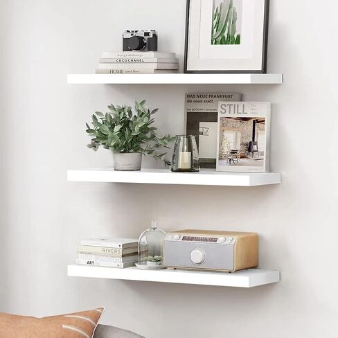 White Floating Shelves Wall Mounted Set of 3,Wood Storage Shlef for Wall,Space Saving Wall Shelf for Bathroom Bedroom Kitchen Storage Rack with Invisible Brackets. in Kuwait