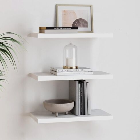 White Floating Shelves Wall Mounted Set of 3,Wood Storage Shlef for Wall,Space Saving Wall Shelf for Bathroom Bedroom Kitchen Storage Rack with Invisible Brackets. in Kuwait