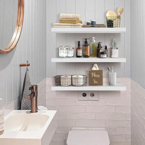 White Floating Shelves Wall Mounted Set of 3,Wood Storage Shlef for Wall,Space Saving Wall Shelf for Bathroom Bedroom Kitchen Storage Rack with Invisible Brackets. in Kuwait
