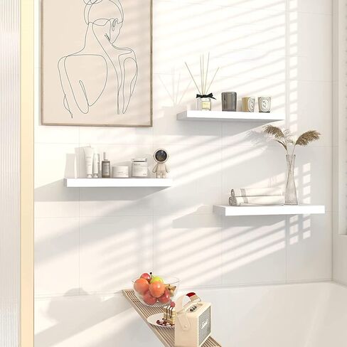 White Floating Shelves Wall Mounted Set of 3,Wood Storage Shlef for Wall,Space Saving Wall Shelf for Bathroom Bedroom Kitchen Storage Rack with Invisible Brackets. in Kuwait