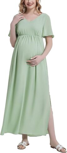 Maternity Maxi Dress Short Sleeve V Neck Baby Shower Pregnancy Dress Split Side Flowy Chiffon Ruffle Summer Dresses in Saudi Arabia