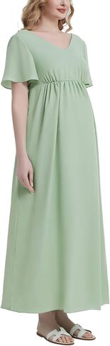 Maternity Maxi Dress Short Sleeve V Neck Baby Shower Pregnancy Dress Split Side Flowy Chiffon Ruffle Summer Dresses in Saudi Arabia