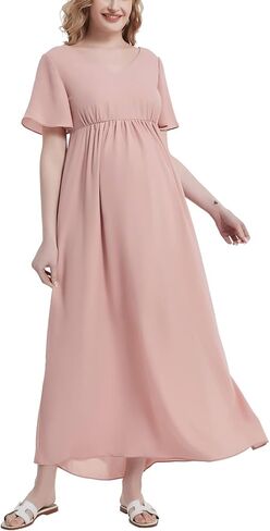 Maternity Maxi Dress Short Sleeve V Neck Baby Shower Pregnancy Dress Split Side Flowy Chiffon Ruffle Summer Dresses in Kuwait