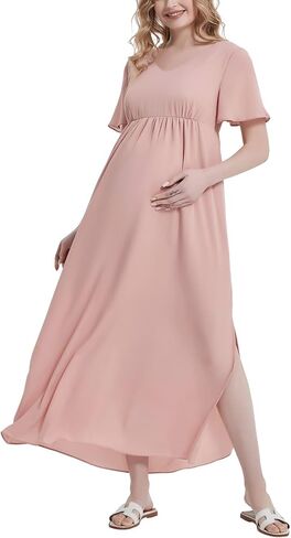 Maternity Maxi Dress Short Sleeve V Neck Baby Shower Pregnancy Dress Split Side Flowy Chiffon Ruffle Summer Dresses in Kuwait
