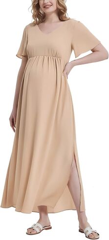 Maternity Maxi Dress Short Sleeve V Neck Baby Shower Pregnancy Dress Split Side Flowy Chiffon Ruffle Summer Dresses in Saudi Arabia