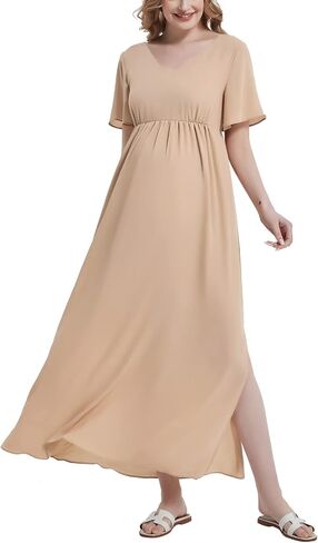 Maternity Maxi Dress Short Sleeve V Neck Baby Shower Pregnancy Dress Split Side Flowy Chiffon Ruffle Summer Dresses in Saudi Arabia