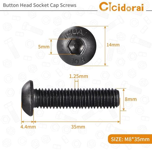 M8-1.25 x 20mm Button Head Socket Cap Screws Bolts, 10.9 Grade Alloy Steel, Black Oxide Finish, Machine Thread, Allen Socket Drive, Quantity 20 in Saudi Arabia