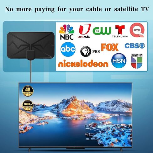 هوائي تلفزيون داخلي، هوائي HDTV داخلي رقمي لسهولة التركيب، استقبال 360 درجة، يدعم 4K 1080p وجميع أجهزة التلفزيون القديمة، معزز إشارة تضخيم التبديل الذكي - محول تيار متردد لكابل HDTV بطول 16.5 قدم in Kuwait