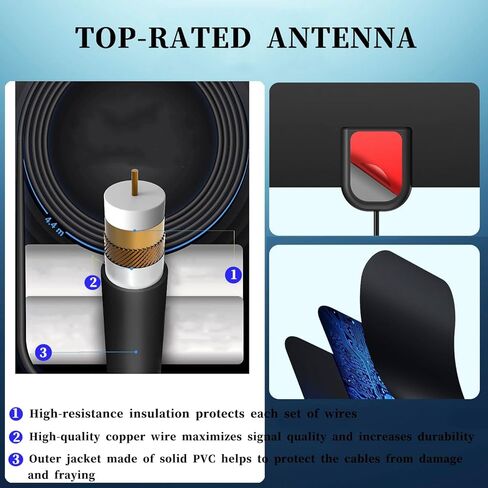 هوائي تلفزيون داخلي، هوائي HDTV داخلي رقمي لسهولة التركيب، استقبال 360 درجة، يدعم 4K 1080p وجميع أجهزة التلفزيون القديمة، معزز إشارة تضخيم التبديل الذكي - محول تيار متردد لكابل HDTV بطول 16.5 قدم in Kuwait