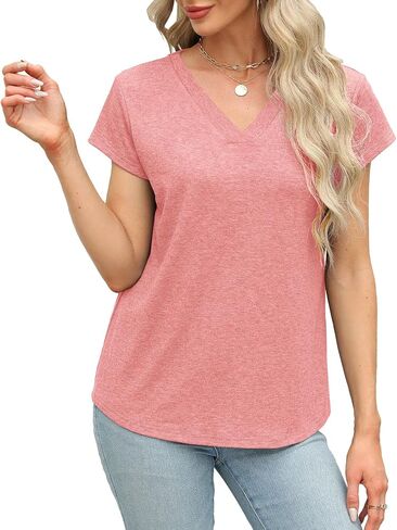 Womens Tops Summer Short Sleeve V Neck Shirts Loose Casual Tshirts in Saudi Arabia