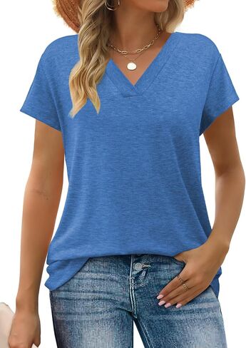 Womens Tops Summer Short Sleeve V Neck Shirts Loose Casual Tshirts in Saudi Arabia