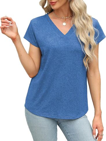 Womens Tops Summer Short Sleeve V Neck Shirts Loose Casual Tshirts in Saudi Arabia