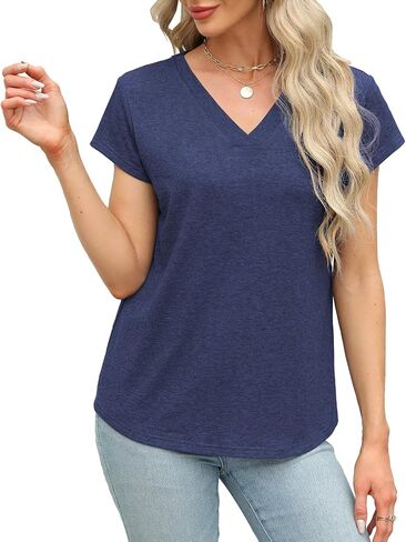 Womens Tops Summer Short Sleeve V Neck Shirts Loose Casual Tshirts in Saudi Arabia