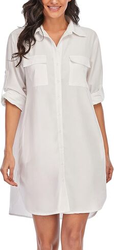Womens Casual V-Neck Oversized Button Down Shirt Dress Long Sleeve Pocket Blouse in Saudi Arabia