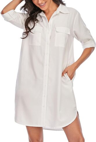 Womens Casual V-Neck Oversized Button Down Shirt Dress Long Sleeve Pocket Blouse in Saudi Arabia