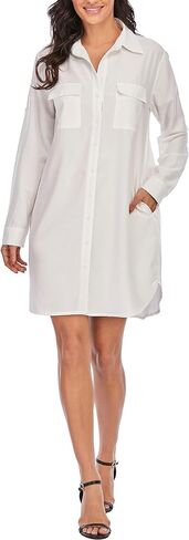Womens Casual V-Neck Oversized Button Down Shirt Dress Long Sleeve Pocket Blouse in Saudi Arabia