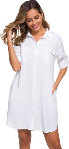 Womens Casual V-Neck Oversized Button Down Shirt Dress Long Sleeve Pocket Blouse in Saudi Arabia