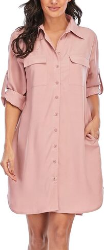 Womens Casual V-Neck Oversized Button Down Shirt Dress Long Sleeve Pocket Blouse in Saudi Arabia
