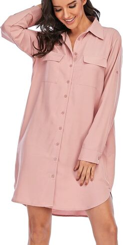 Womens Casual V-Neck Oversized Button Down Shirt Dress Long Sleeve Pocket Blouse in Saudi Arabia
