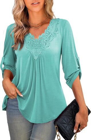 Tralilbee Women's Plus Size Tunic Tops 3/4 Roll Sleeve Shirts Lace Crochet V Neck Casual Blouses in Saudi Arabia