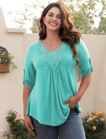 Tralilbee Women's Plus Size Tunic Tops 3/4 Roll Sleeve Shirts Lace Crochet V Neck Casual Blouses in Saudi Arabia