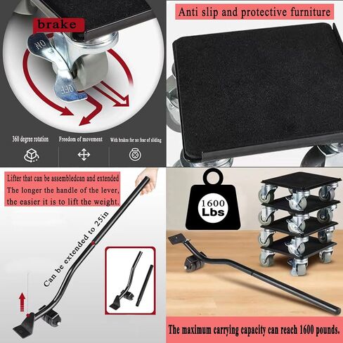 Locci Furniture Dolly، محركات الأثاث مع 5 عجلات، مجموعة أدوات رفع الأثاث مع عجلات دوران 360 درجة، سعة 1600 رطل، لنقل الأثاث الثقيل والثلاجة والأريكة والخزانة in Saudi Arabia