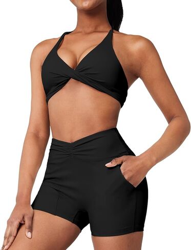 Casei Womens Workout Outfits Sets 2 Piece Twist Bikini Sports Bra Gym Yoga Set High Waist Shorts Tracksuit with Pockets in Kuwait