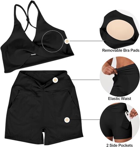 Casei Womens Workout Outfits Sets 2 Piece Twist Bikini Sports Bra Gym Yoga Set High Waist Shorts Tracksuit with Pockets in Kuwait