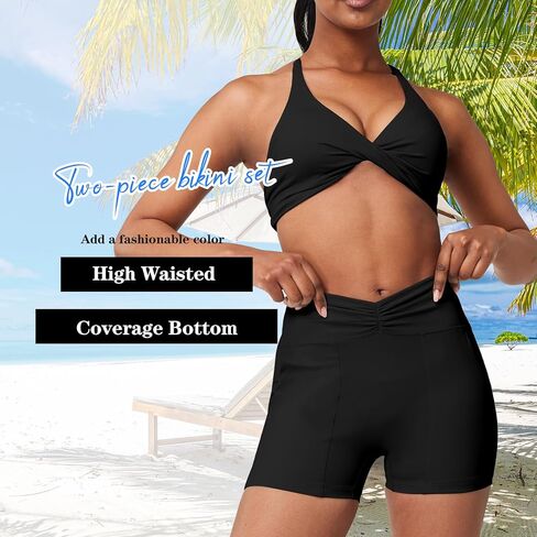 Casei Womens Workout Outfits Sets 2 Piece Twist Bikini Sports Bra Gym Yoga Set High Waist Shorts Tracksuit with Pockets in Kuwait