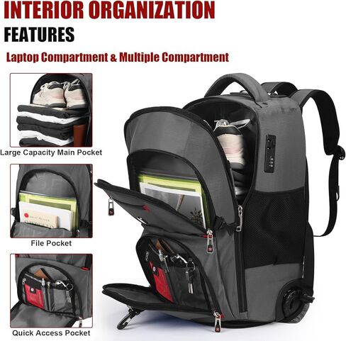 حقيبة ظهر دوارة بعجلات مقاس 21x14x9 - مقاومة للماء، حجرة كمبيوتر محمول مقاس 17.3 بوصة، مثالية للحمل للسفر طوال الليل والجامعة والعمل - حقيبة ظهر للأعمال بعجلات للبالغين (رمادي) in Kuwait