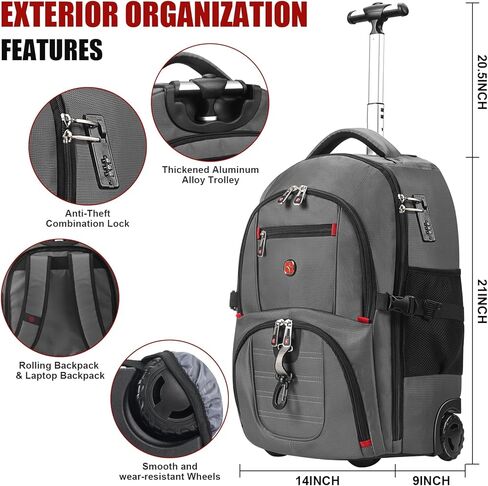 حقيبة ظهر دوارة بعجلات مقاس 21x14x9 - مقاومة للماء، حجرة كمبيوتر محمول مقاس 17.3 بوصة، مثالية للحمل للسفر طوال الليل والجامعة والعمل - حقيبة ظهر للأعمال بعجلات للبالغين (رمادي) in Kuwait
