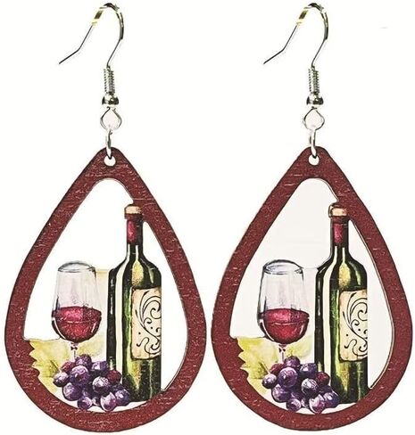 Red Wine Party Earrings Wooden Cutout Vintage Earrings Wine Glass Earrings Valentine's Day Drink Earrings in Saudi Arabia