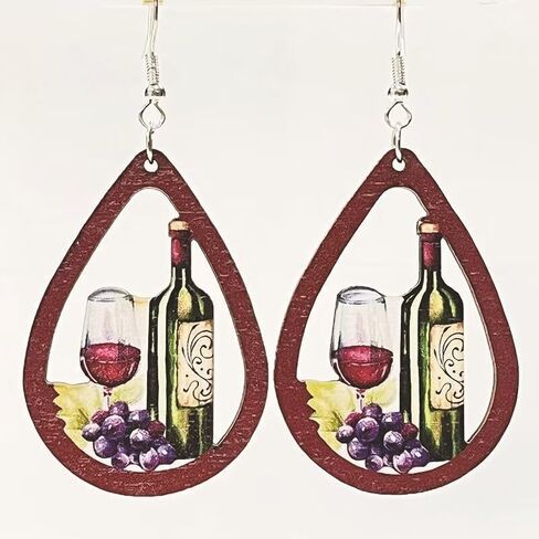 Red Wine Party Earrings Wooden Cutout Vintage Earrings Wine Glass Earrings Valentine's Day Drink Earrings in Saudi Arabia