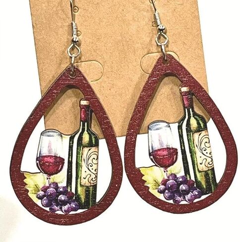 Red Wine Party Earrings Wooden Cutout Vintage Earrings Wine Glass Earrings Valentine's Day Drink Earrings in Saudi Arabia