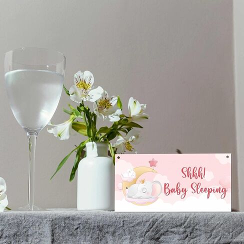 Please Do Not Knock Or Ring Doorbell Sign, Shhh Baby Sleeping Sign For Front Door, Pink Elephant Girl Bedroom Wall Decor, 5"X10" Hanging Wood Sign -D01 in Saudi Arabia