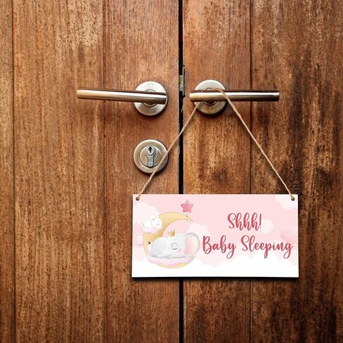 Please Do Not Knock Or Ring Doorbell Sign, Shhh Baby Sleeping Sign For Front Door, Pink Elephant Girl Bedroom Wall Decor, 5"X10" Hanging Wood Sign -D01 in Saudi Arabia