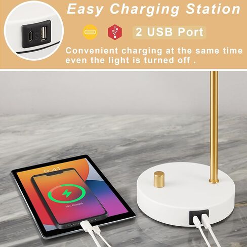 مصباح مكتب LED عتيق مع منافذ شحن USB C+A، مصباح قراءة بجانب السرير يعمل باللمس خافت، رأس مرن، مصباح طاولة منضدة أبيض عتيق لغرفة النوم الجامعية وغرفة النوم وغرفة المعيشة والمكتب، يتضمن لمبة in Kuwait