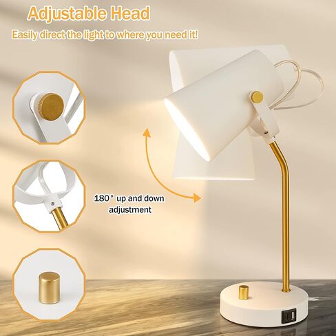 مصباح مكتب LED عتيق مع منافذ شحن USB C+A، مصباح قراءة بجانب السرير يعمل باللمس خافت، رأس مرن، مصباح طاولة منضدة أبيض عتيق لغرفة النوم الجامعية وغرفة النوم وغرفة المعيشة والمكتب، يتضمن لمبة in Kuwait