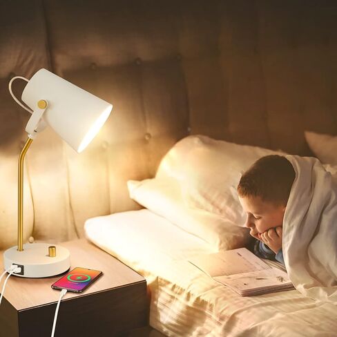 مصباح مكتب LED عتيق مع منافذ شحن USB C+A، مصباح قراءة بجانب السرير يعمل باللمس خافت، رأس مرن، مصباح طاولة منضدة أبيض عتيق لغرفة النوم الجامعية وغرفة النوم وغرفة المعيشة والمكتب، يتضمن لمبة in Kuwait