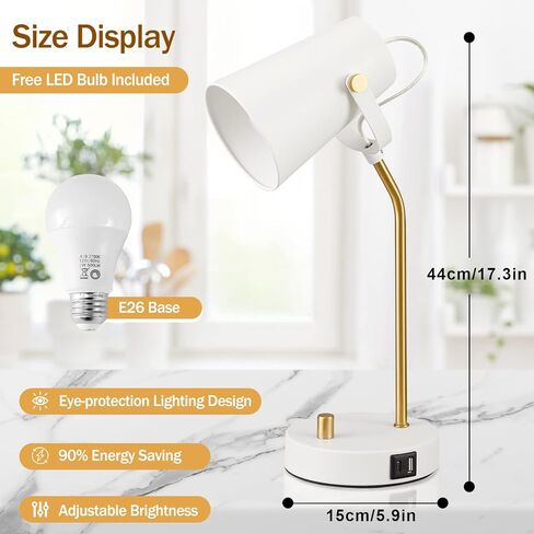 مصباح مكتب LED عتيق مع منافذ شحن USB C+A، مصباح قراءة بجانب السرير يعمل باللمس خافت، رأس مرن، مصباح طاولة منضدة أبيض عتيق لغرفة النوم الجامعية وغرفة النوم وغرفة المعيشة والمكتب، يتضمن لمبة in Kuwait