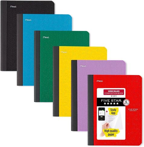 Five Star Composition Notebooks, 6 Pack, Wide Ruled Paper, 9-3/4" x 7-1/2", 100 Sheets, Black, Amethyst Purple, Tidewater Blue, Forest Green, Harvest Yellow, Fire Red (950009) in Saudi Arabia
