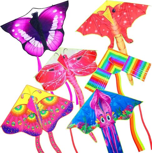 6 Pcs Large Kites for Kids and Adults Easy to Fly Colorful Long Tail Kites Butterfly Dinosaur Octopus Dragonfly Kite Large Kite with 328 ft Kite String for Beach Outdoor Game Activities(Vivid) in Saudi Arabia
