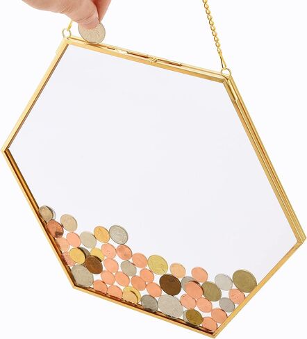 Gold Glass Frame for Coin Display, Coins Display Stands, Wall Hanging Coin Collecting Holders, Currency Dollar Collection Holders for Collectors, Glass Piggy Bank (Hexagonal) in Saudi Arabia
