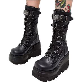Platform Ankle Boots for Women Chunky High Heel Booties Punk Goth Round Toe Combat Boots Womens Lace Up Motorcycle Wedges Boots
