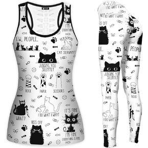 Casual Workout Sets 2 Piece for Women, Cat Print Women Yoga Outfit, Clothes for Women, Tank Top Legging Set