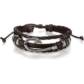 Aroncent Fish Hook Bracelet Leather Braided Wrap Rope Bracelet for Men Wristband Anchor Bracelet Nautical Bracelet for Men Women Valentines Day Christmas Gift