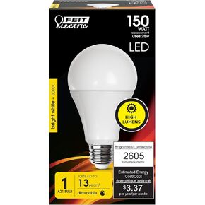 Feit Electric A21 LED Light Bulb, 150W Equivalent, Dimmable, 2605 Lumens, E26 Standard Base, 3000K Bright White, 80 CRI, High Output LED Light Bulb, Damp Rated, 15,000-Hour Lifetime, OM150DM/830/LED