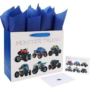16.5" Extra Large Truck-themed Gift Bags Set with Greeting Card and Tissue Paper (Monster Trucks Design) for boys, Kids Birthday Party,Baby boy,Baby Shower,Newborn,New Moms or Parents