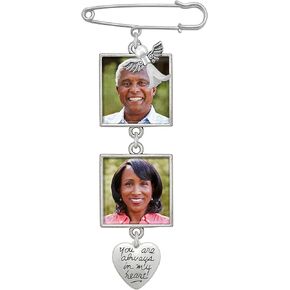 Memorial Photo Pin for Bride's Wedding Bouquet for Loss of Loved One Remembrance with 2 Square Photos Always in my Heart Charm and Guardian Angel Charm